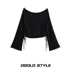 White Little Fish Pure Desire Spicy Girl Mesh One Shoulder Long Sleeve Sun Protection Cover up Short Lightweight Shoulder T-Shirt Top