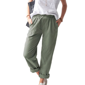 Womens Cotton Linen Straight Leg Pants Casual Trousers Natural Waist Patchwork Design Comfortable Long Pants for Ladies