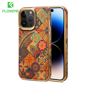 FLOVEME Luxury Retro Flower Painted Phone Case For iphone 15 14 13 12 Pro Max 15 14 Plus Plating Lens Frame PU Leather TPU Anti-fall Dustproof Shockproof Back Cover For iphone 15 14 13 12