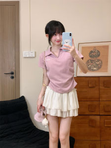 Áo Thun Cổ Polo Tay Ngắn Mùa Hè Cho Nữ Áo Thun Cotton Co Giãn Dáng Ôm Vừa Vặn Thiết Kế Tay Bó Cổ Polo Phong Cách Ngọt Ngào