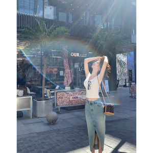 Achi Light Blue 100% Cotton High-quality Denim Asymmetrical Long Straight Cut Half-length Skirt for Women Elegant Lady Style Knitted Jeans Skirt