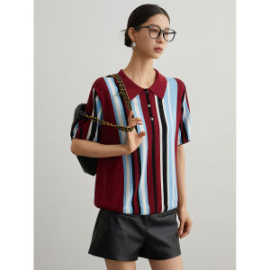High-end Striped Knitted Womens Polo Shirt