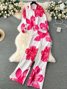 Fashion Lightly Mature Classy Sensitive Print Printed Shirt Two-piece Set Female Slim Looking Temperament High Waist Wide Leg Pants Fashion Suit