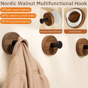Nordic Simple Walnut Wood Hook Multifunctional Entrance Decoration Hook Punch-Free Bathroom Wall Hooks