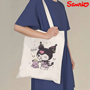 Sanrio | 1pc Cute Kuromi & Baku Print Canvas Tote Bag Double-Sided Shoulder Shopper Reusable Handbag