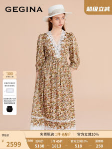 Pure Cotton GEGINA V-neck Floral Print Liberty Tana Lake Lace Splicing Midi Dress A-line Silhouette Floral Printed Spring Summer Autumn Dress