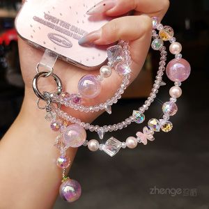 Luxury Crystal Phone Chain Short Style Womens Travel Shell Phone Pendant Fashionable Ins Bead Bracelet Mobile Phone Lanyard