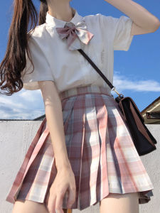 Original Japanese Style JK Uniform Plaid Skirt And Shirt Set High Waist Pink Silver Line Half-length Womens Fashion