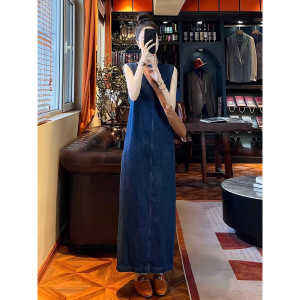 Váy Denim Dài Không Tay Rộng Rãi Mùa Hè Mỏng Cho Nữ Cỡ Lớn Váy Midi Chữ a Cổ Tròn Không Tay Phong Cách Đường Phố Cổ Điển