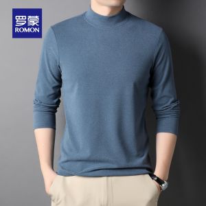 ROMON | Lormen Mens Casual Long Sleeve Base Shirt Semi-High Collar Pure White Comfortable Fashionable Autumn Spring T-Shirt Top