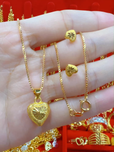 (2pcs) Pure 18K Saudi Gold pawnable Nasasangla 100% original choker lucky heart gold necklace and earrings set for women hypoallergenic non tarnished