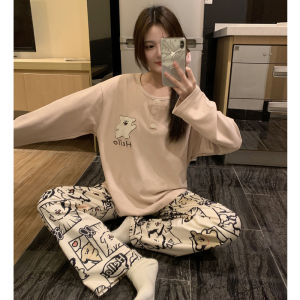 German Velvet Womens Sleepwear Set Cute Cartoon Bear Print Fleece Lined Casual Home Clothes Long Sleeve V-Neck Pullover