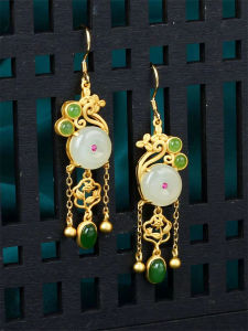 Elegant Chinese Style Gold Plated White Jade Safe Lock Earrings Womens High End Feifei Tassel Ear Jewelry Fashionable