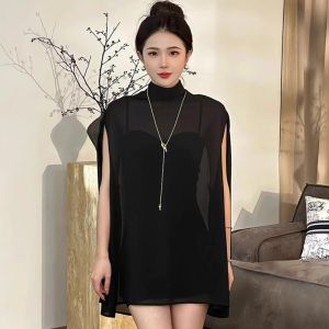 Womens Slim Batwing Sleeve Sleeveless Chiffon Shirt Mid Length Long Length Summer Sun Protective Blouse Thin off-Shoulder Outer Tulle Tops