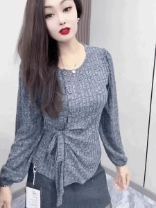 Áo Thun Nữ Tay Dài Cổ Tròn Lông Cừu Thu Đông Thời Trang Có Dây Thắt Lưng Ôm Eo Đa Năng Chất Liệu Cotton Thường Ngày
