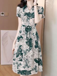 Floral Print Midi Dress Korean Style High Waist Short Sleeve Suit Collar Casual Summer Fashion Womens Dress A-Line Skirt