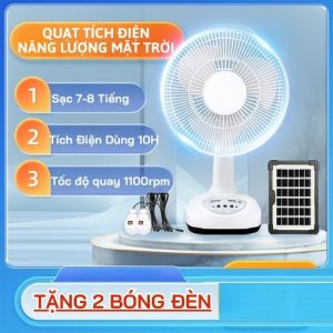 Quạt tích điện năng lượng mặt trời Quạt tích điện tích hợp đèn kiêm sạc dự phòng dùng cho gia đình siêu tiện lợi Tặng kèm 2 bóng đèn