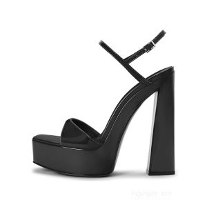 รองเท้าแตะส้นสูงหนัง PU สีแดง หัวเหลี่ยม สายรัดข้อเท้าแบบหนา รองเท้าแตะส้นสูงสำหรับผู้หญิง รองเท้าแตะส้นสูงแบบหนาสีเงิน