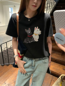 Áo Thun Cotton Chống Khuẩn 7A in Hình Chú Chó Tay Ngắn Mùa Hè Dáng Rộng Phong Cách Mỹ Màu Đen Vai Áo Thường