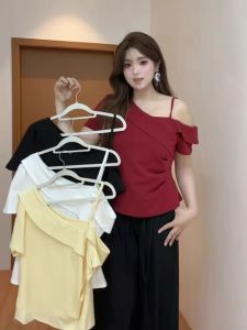 plus Size Womens Irregular Shoulder Strap T-Shirt Short Sleeve Summer New Sweet And Spicy Meat Conceal Slimming Top