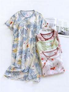 น้ำหนักเบา ผ้าฝ้าย ผ้าไหม ชุดนอน ผู้หญิง ฤดูร้อน บ้าน เดรส หลวม Fit พิมพ์คอกลมแขนสั้นความยาวปานกลาง ชุดราตรี