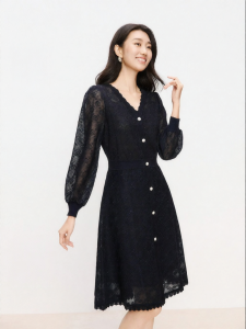 Koradior | Elegant Comfort Blue Lace V-Neck Long Sleeve Dress