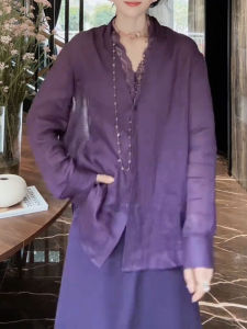 UYFY | Loose Long Sleeve V-neck Shirt Womens Purple Casual Commute Style High Waist Straight Cut Shirt For All Body Types