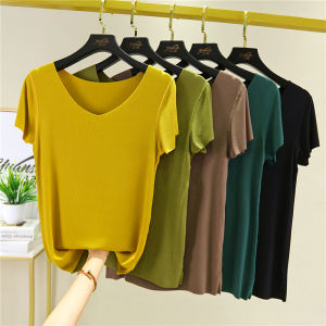 ผู้หญิง เสื้อยืดแขนสั้นไร้ตะเข็บ Modal คอกลม คอวี สลิมฟิต เสื้อตัวใน ฤดูร้อน หลากหลาย ครึ่งแขนบาง เสื้อท่อนบน