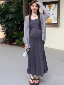 Summer Maternity Set Loose Casual Style Sun Protection Cardigan and Slim Dress