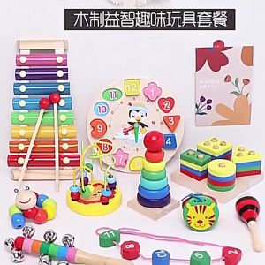 DreamBaby Mainan Edukasi Anak Basic Shape Kayu Balok Geometri Puzzle 3D Montessori Sensory Xylophone Round Jam Angka