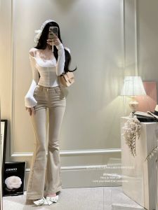 Khaki Mid-Low Waist Bell Bottom Jeans Womens Slimming Long Pants Cleanfit Style Cotton Stretch Denim Ladies Fashion Autumn 2025