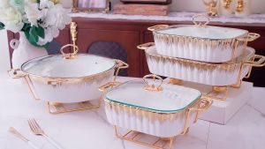 24K White and Gold Ceramic Chafing Serving Dish Ceramic Food Warmer with Lid KP149