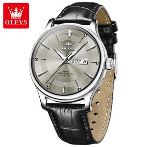 OLEVS Watch For Men Waterproof Genuine Casual Business Original Strap Diamond Dial Simple Dual Calendar Luminous Mens Watch