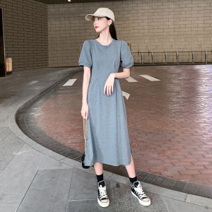 Black Casual Dress Womens Spring Summer New Slimming Bubble Sleeve French Long Waist Cinched Elegant Skirt Korean Style round Neck