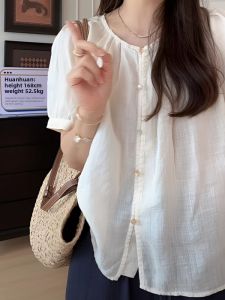 BINKAFENNY | Summer OOTD White Bubble Sleeve Short Sleeve Sun Protection Shirt Jacket Women Sweet Round Neck Button Up Top Korean Style Commute