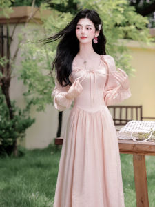 French Style Beautiful Unique Gentle Sweet Pink Dress Elegant High Waist Lantern Sleeve Long Sleeve Fairy Skirt for Women