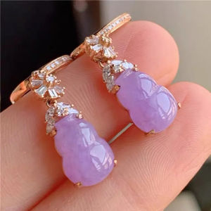 Luxury S925 Silver Earrings with Crystals Ice Cream Jade Core Violet Lavender Jade Gourd Shape for Women Retro Court Style