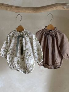 Spring Matching Sisters Dresses Floral Collar Bow Puffed Sleeves Jumpsuit Dress