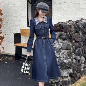 Slim Fit Long Sleeve Denim Dress Womens Blue Long Dress Spring Autumn Style College Casual Cotton Fabric Button Closure