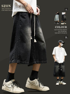 กางเกงยีนส์ทรงตรงสีดำสำหรับผู้ชาย กางเกงขายาวทรงบาง สไตล์ฤดูร้อน กางเกงขาสั้นทรงหลวม ทรงลำลอง สไตล์อเมริกัน