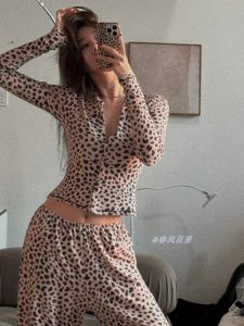 Spring Autumn Casual Sweet Leopard Print Long Sleeve Womens Sleepwear Set Korean Style Home Clothes Student Pyjamas Set