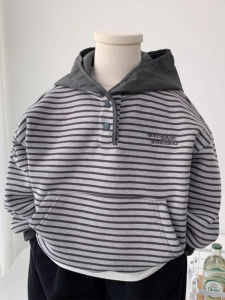 Thickened Fleece Hooded Sweatshirt for Kids Baby Boys Autumn Winter Thermal Integrated Velvet Pullover Stripe Top