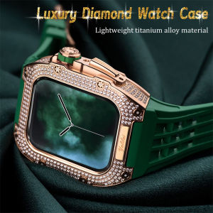 Yalilai for Apple Watch 45/44mm Luxury Diamond Titanium Alloy Richard RM Mod Kit High-end Full-diamond Titanium Alloy Case Fluororubber Butterfly Buckle Strap Set for Apple Watch Series 8/7/6/5/4/SE (Not Including Watch)