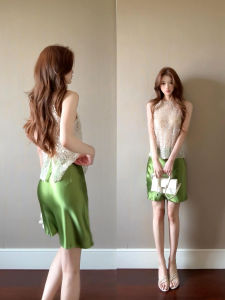 SUHUIQIAN | Green Acetate Satin High Waist A-line Midi Skirt