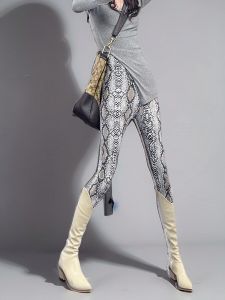 กางเกงโยคะเอวสูงลายพิมพ์ลายงูสำหรับผู้หญิง กางเกงขายาวทรงสลิมฟิต ลายดอกไม้สุดเก๋ไก๋ สีเทา แฟชั่นฤดูใบไม้ร่วง 2024