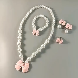 5Pcs Baby Girl Bow Pearl Necklace Bracelet Set Cute Kids Jewelry Accessory Gift for Birthday Xmas