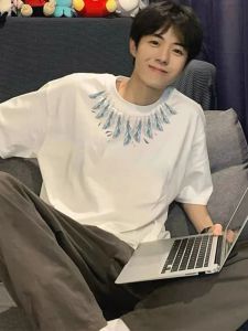 Pure Cotton Short Sleeve T-Shirt Mens Loose Fit Casual Versatile Summer American INS Printed round Neck Sweat Absorbent Tee