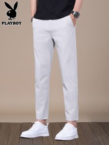 กางเกงลำลองชายทรงสลิมฟิตสีเทาอ่อน ทรงเก้าส่วน ทรงขากระบอกเล็ก กางเกงขายาวฤดูร้อน แฟชั่นอเนกประสงค์ กางเกงขายาวผ้าฝ้ายผสมโพลีเอสเตอร์