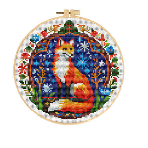 HUACAN Fox Embroidery Kits Animal Hoop With Tools 11CT Cross Stitch Sets Printed Canvas Flower Needlework