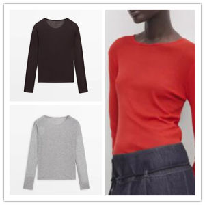 Slim Fit round Neck Long Sleeve Cotton T-Shirt Womens Base Layer Top Versatile Solid Color Commute Style Summer Essential